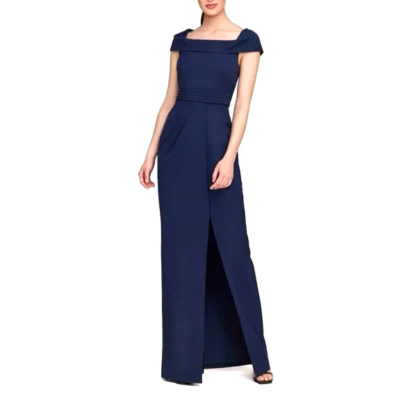 Kay Unger Womens Dress Size 2 Navy Blue Split Hem Cap Sleeve Column Gown New