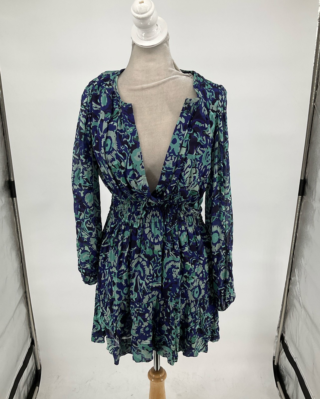Anthropologie Blue/Green Print Deep Notch Neck Shirred Waist Long Sleeve Dress S