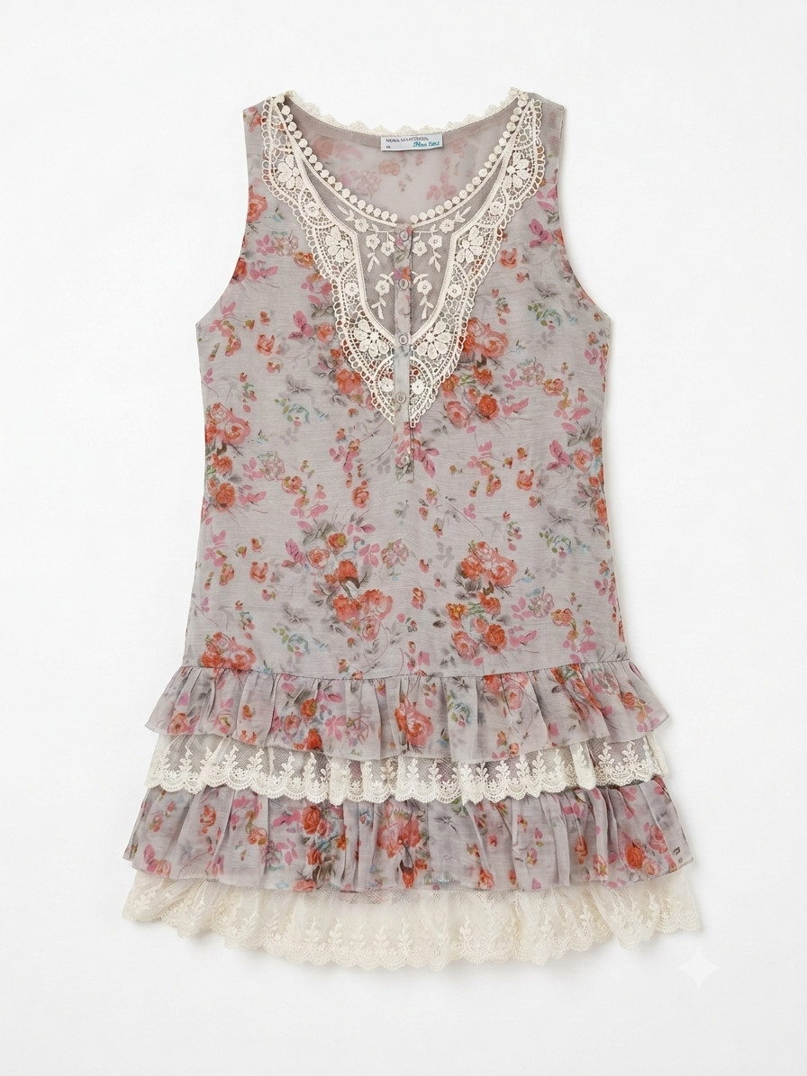 MUDO Size 36 US S Light Grey Floral Boho Mini Dress Crochet Lace Tiered Ruffle