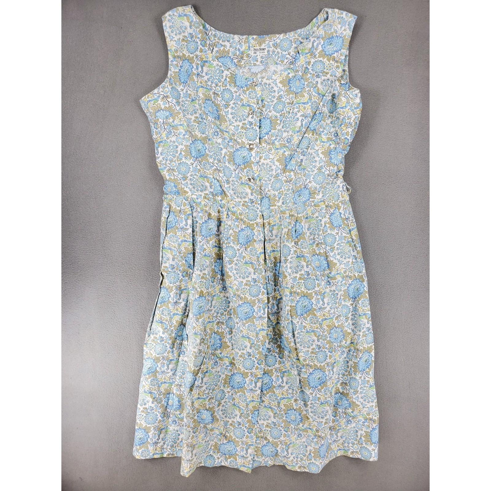 Bill Sims Floral Bird Midi Dress Womens Blue Sleeveless Pockets Vintage 60s
