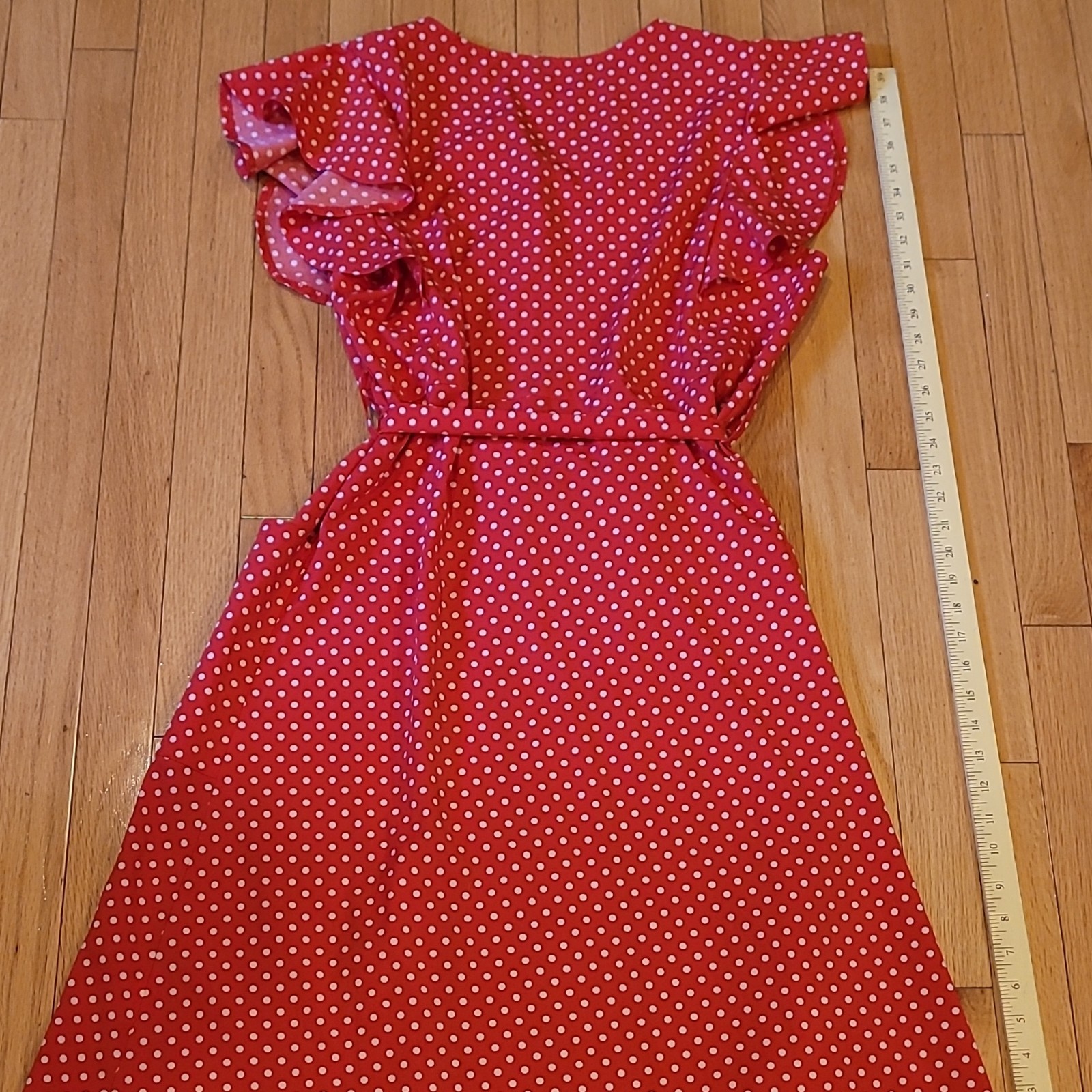 Red/White Polka Dot V-Neck Button Front Flutter Sleeve Midi Dress XL Pockets