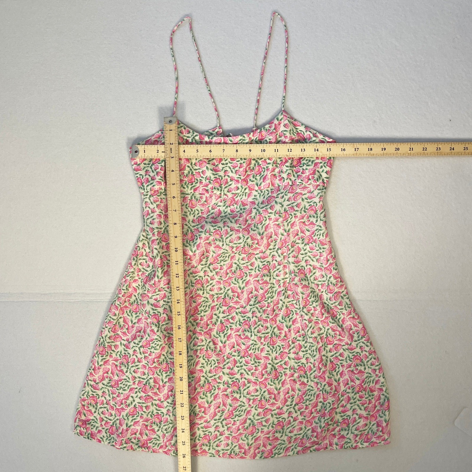 Zara Floral Open Back Mini Dress Pink Green 100% Viscose Tie Back Size XL