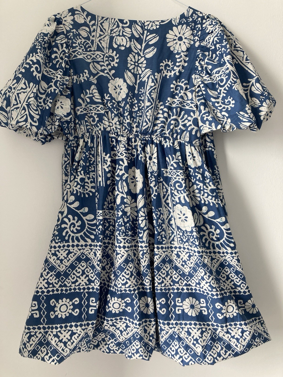 NWOT Caroline Constas Blue White Babydoll Puff Sleeve V-Neck Cotton Dress Sz L