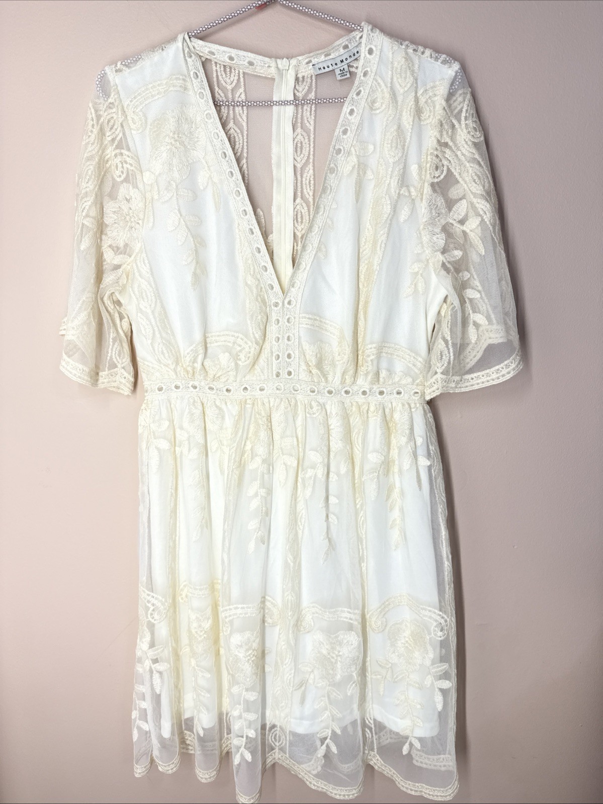 Lace Boho Dress Medium Embroidered V Neck Short Sleeve Cream Ivory Haute Monde
