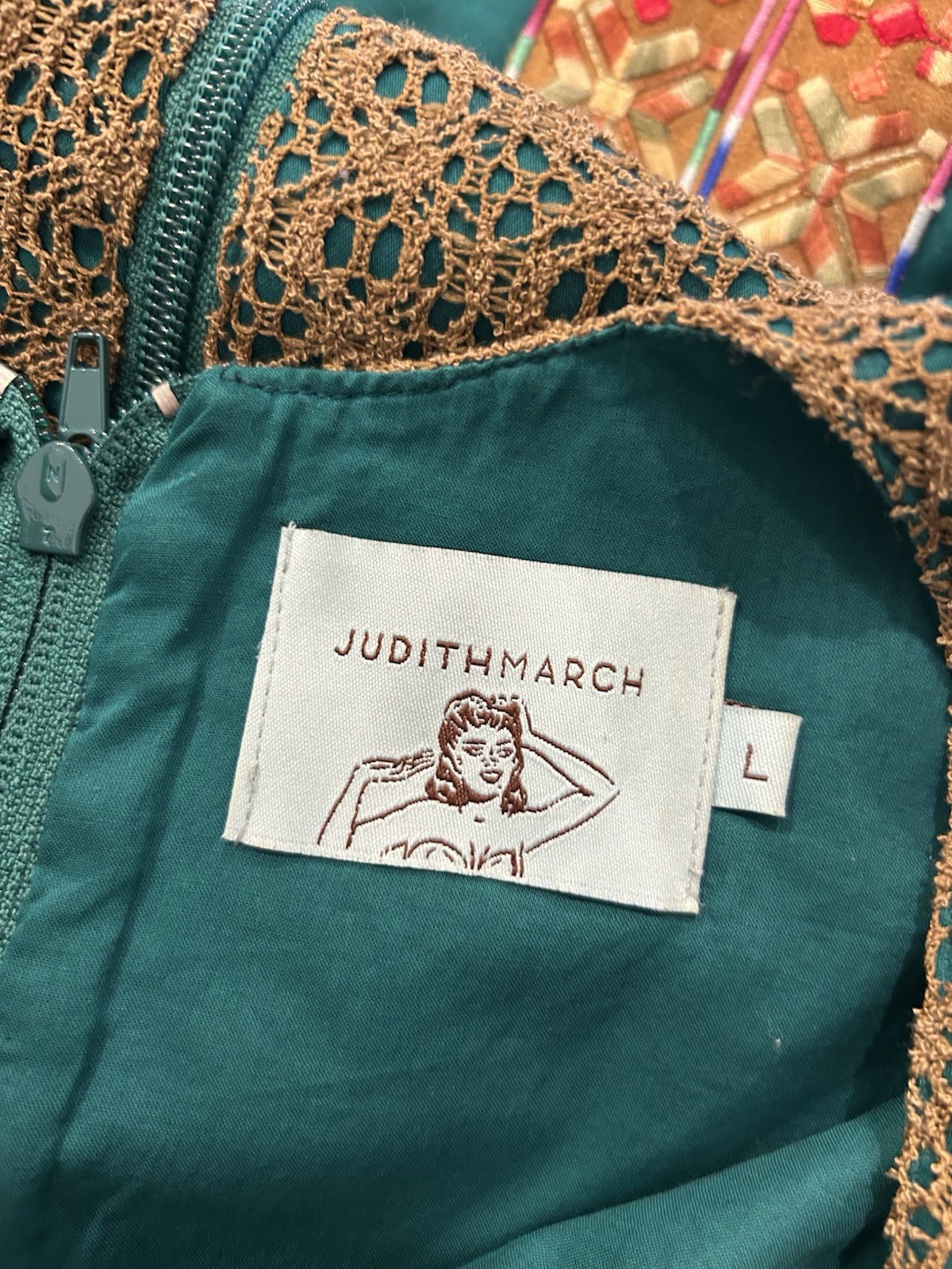 Judith March Teal Embroidered Crocheted Overlay Mini Shift Dress Women’s Large