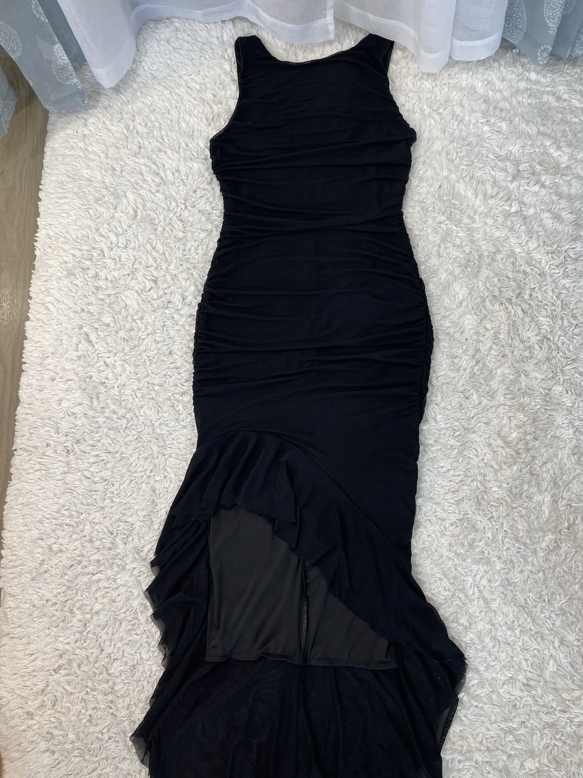 ZESICA Women’s Black Solid Ruched Sheer Mesh Ruffle Bodycon Midi Dress M