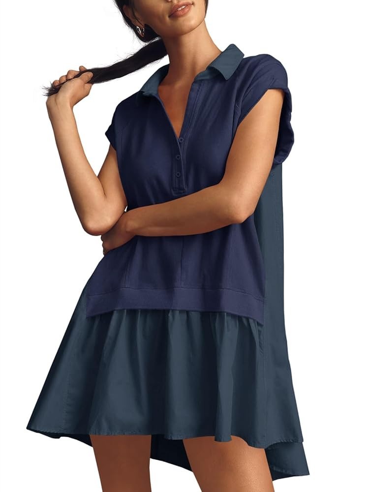 Fisoew Women’s V-Neck Oversized Summer Mini Dress – Casual Patchwork Style