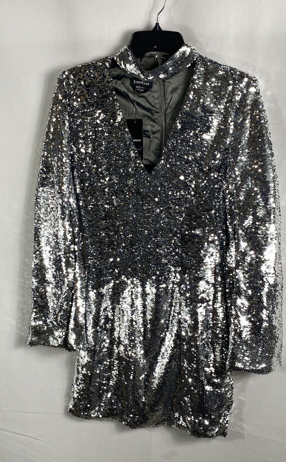 Bebe Women’s Silver Slit Bell Sleeve Sequin Mini Dress Sz S NWT
