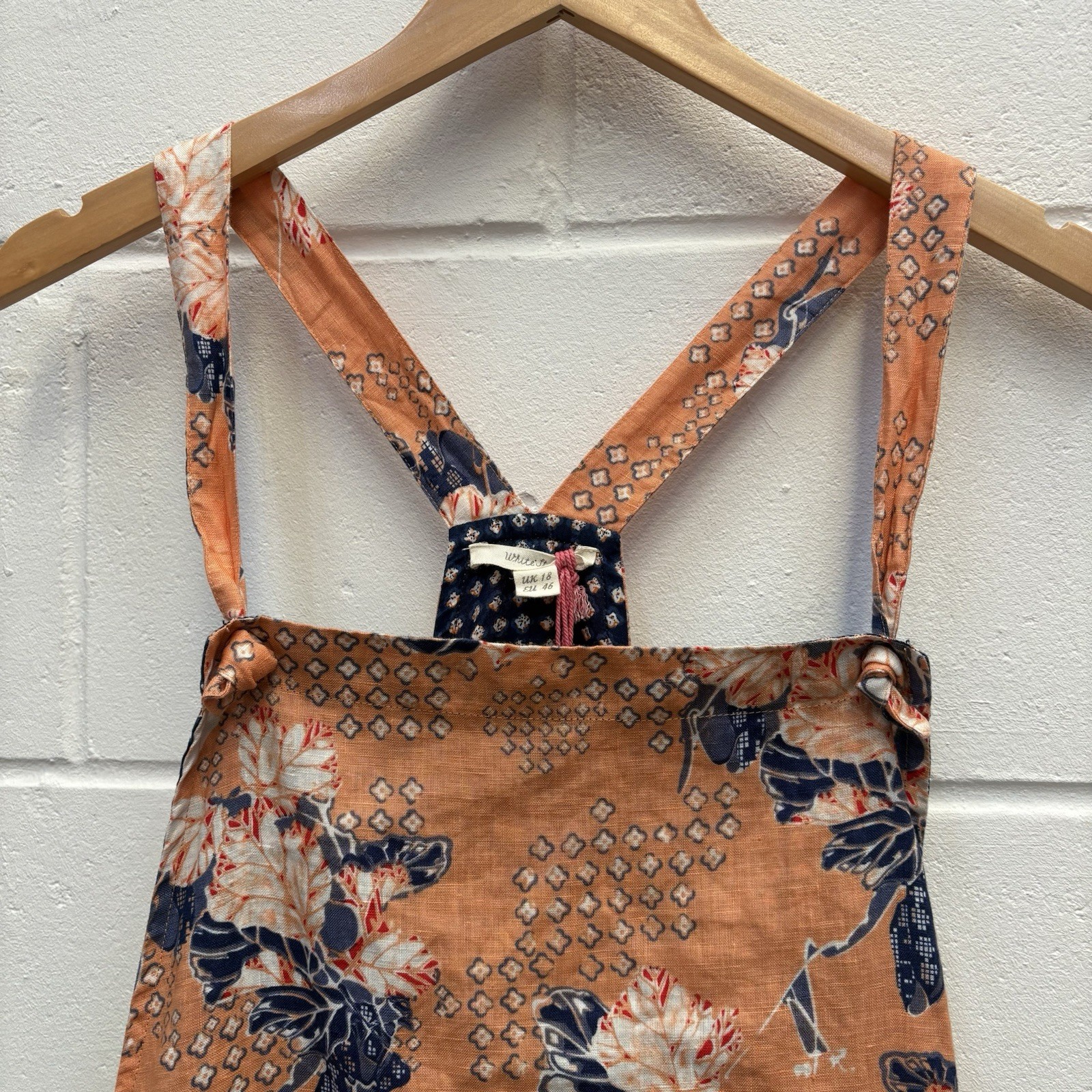 White Stuff Yuki Linen Pinafore Dress UK 18 Orange Floral Midi Dungaree Dress