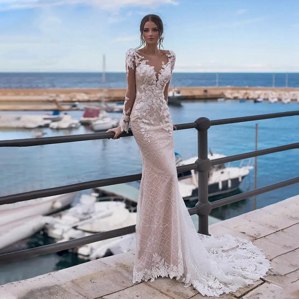 Backless Mermaid Pearls Beaded Wedding Dresses Lace Appliques Women Bride Gown
