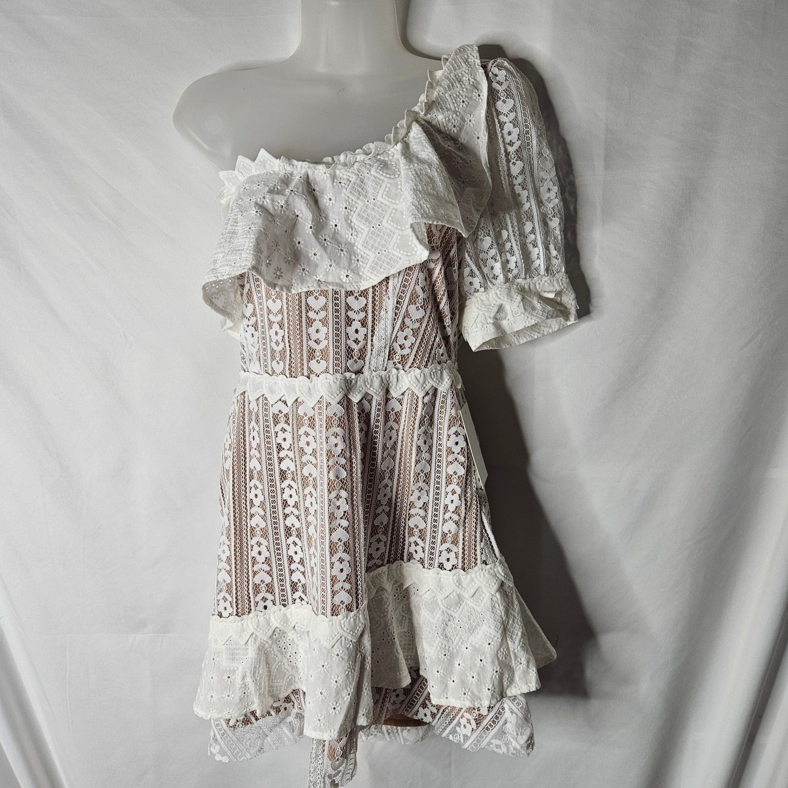 For Love and Lemons Lovebird White Lace One Shoulder Mini Dress sz M NWT