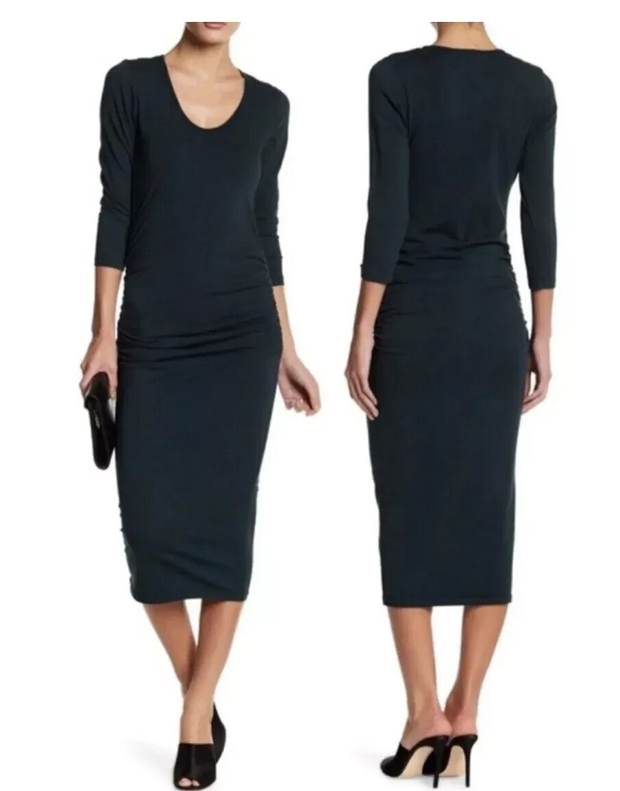 MICHAEL STARS Women’s Navy Blue 3/4 Sleeve Bodycon Ruched Midi Dress Sz L