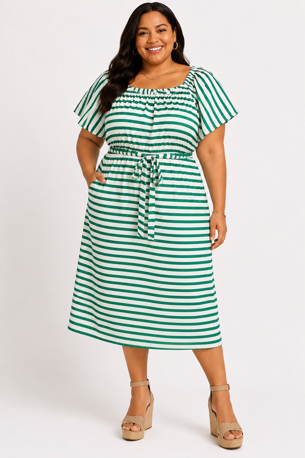 Lane Bryant Women’s Size 28 Green White Striped Midi Dress