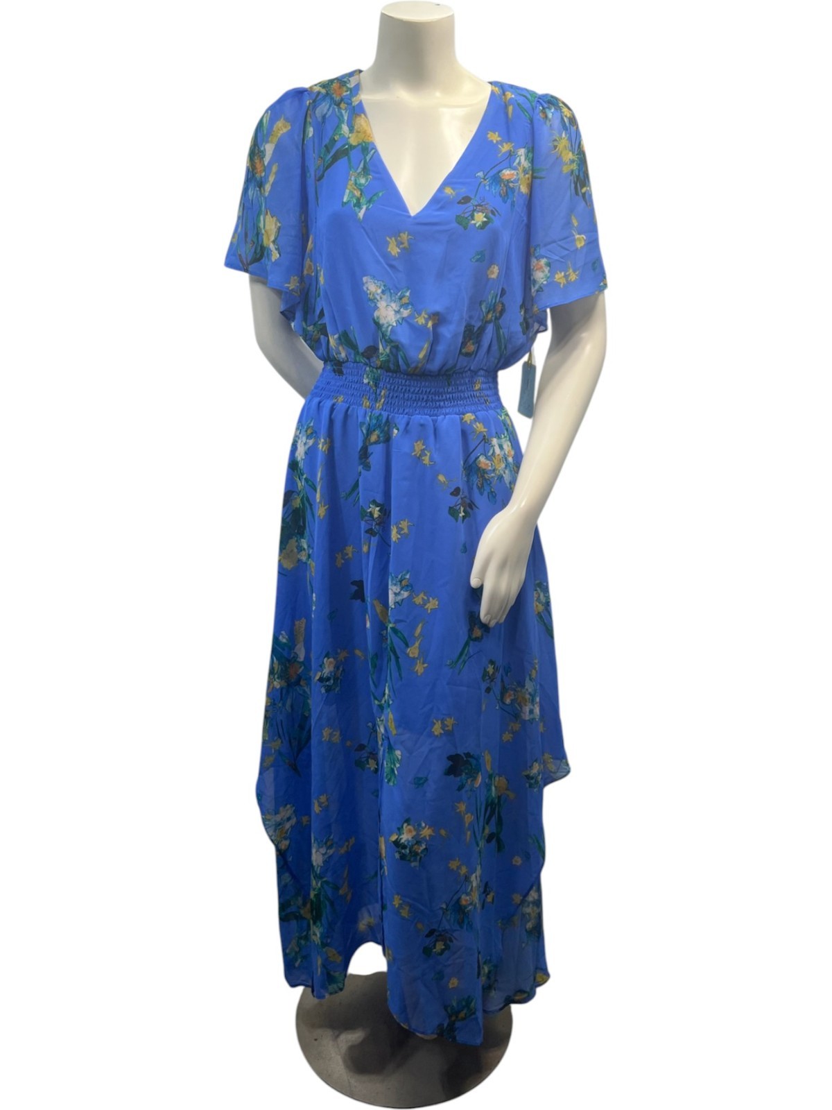 CeCe Dress Womens Size Medium White Blue Floral Short Sleeve Cinch Waist New