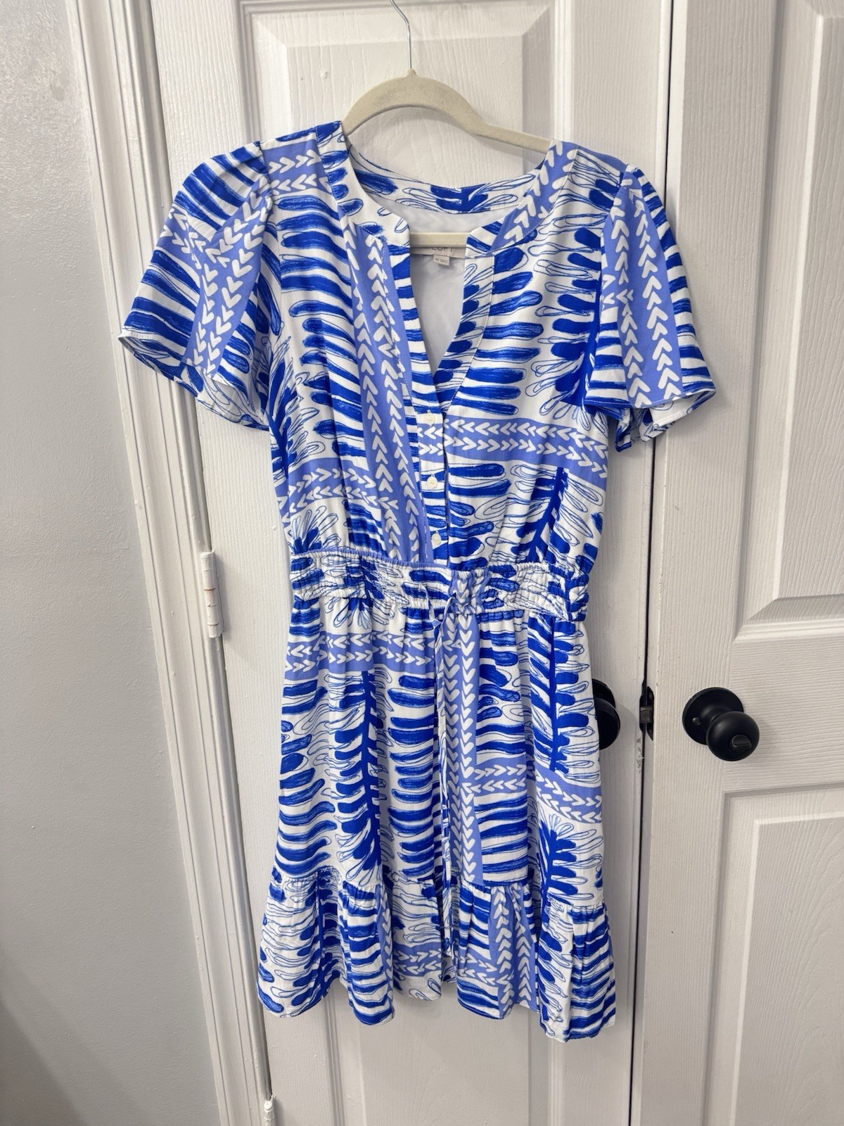 Loft Flutter Sleeves Elastic Waist Ruffle Tie Split Neck Button Blue Design XS