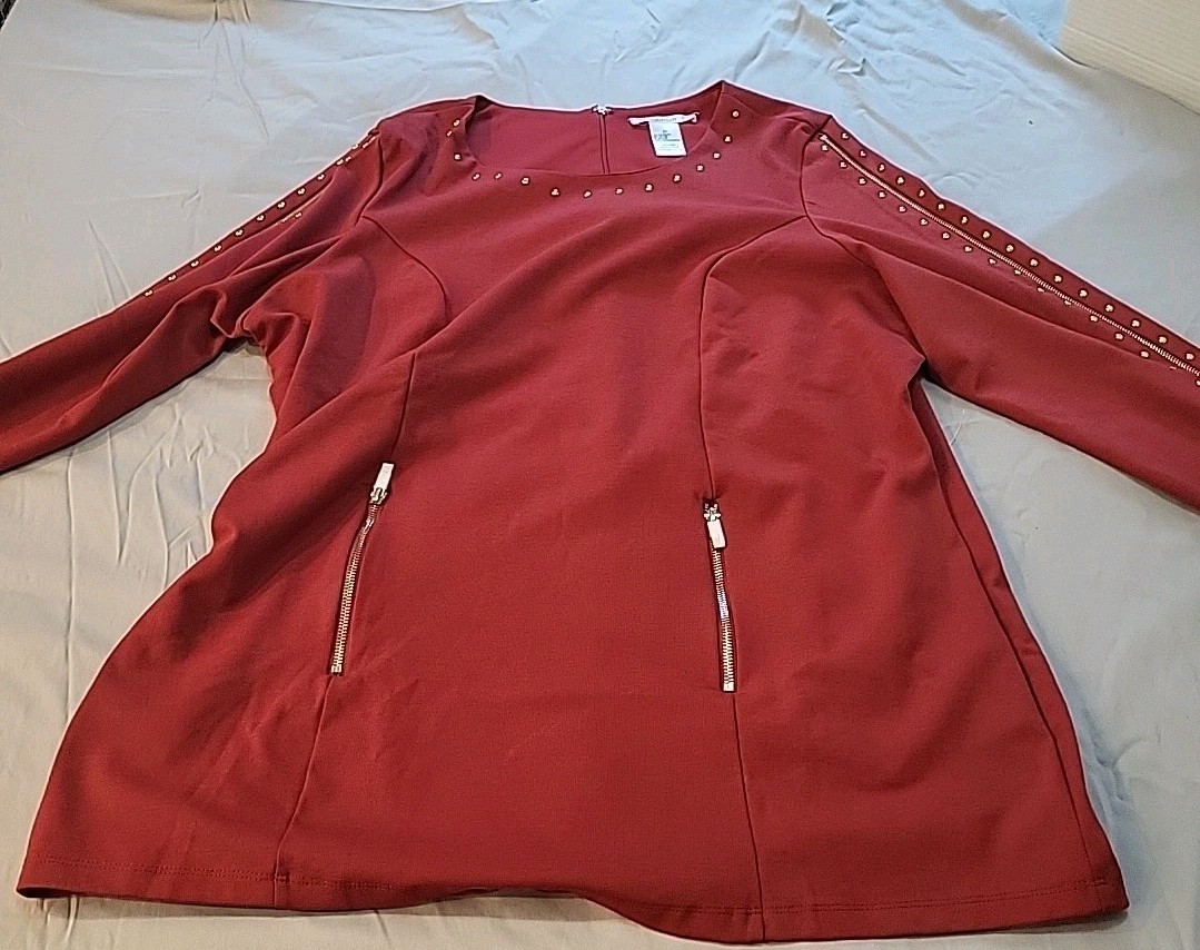 PLUS SIZE 2xl K.Jordan Brick Red Mini Dress/Tunic Long Sleeve Gold Studded
