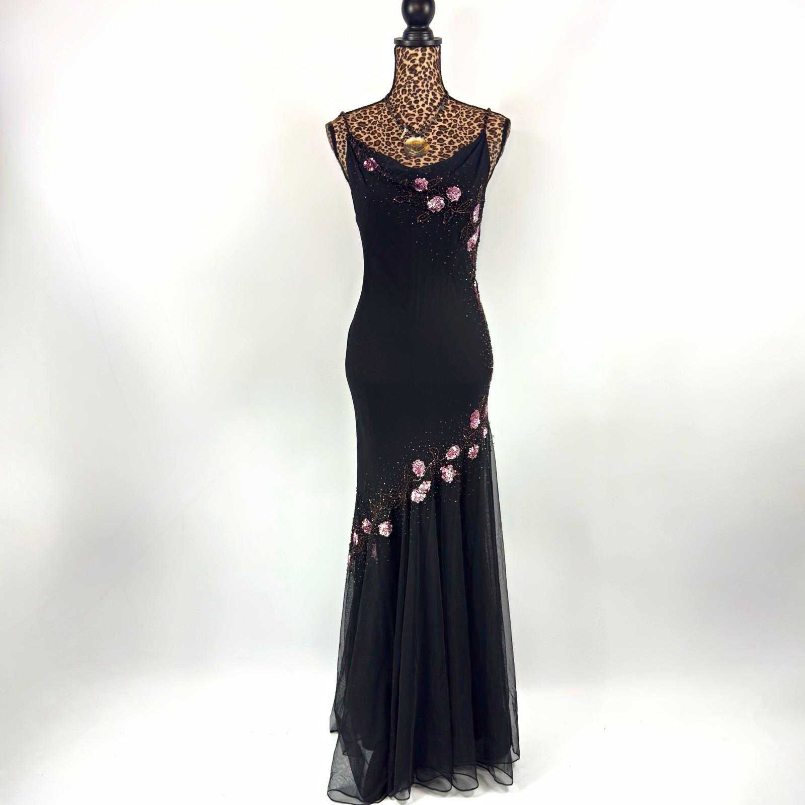 90s Xscape Black & Pink Silk Beaded Floral Embroidered Gown