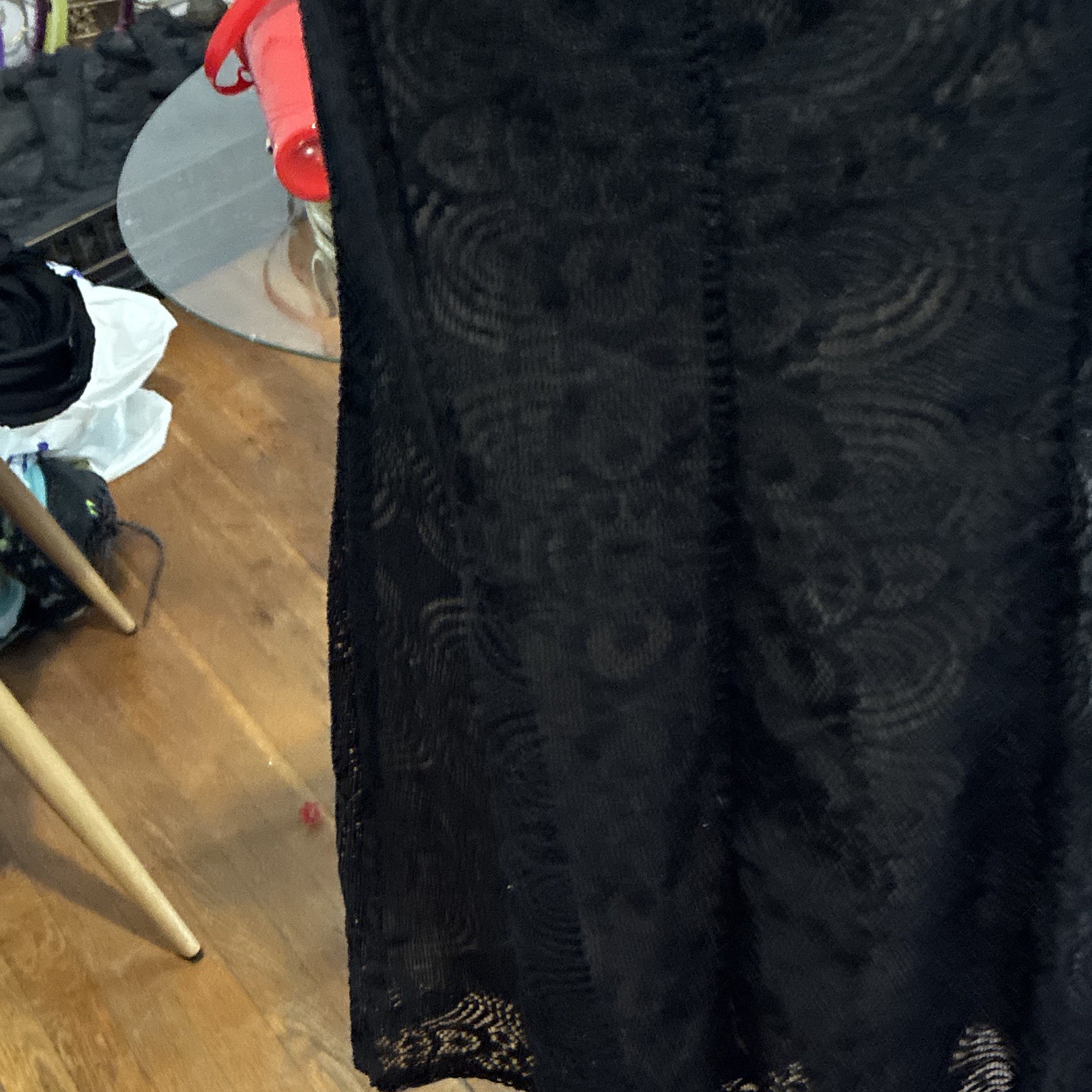 Karin Stevens Black Long A-Line Dress 10W Short Sleeve Scoop Neck Lace Floral
