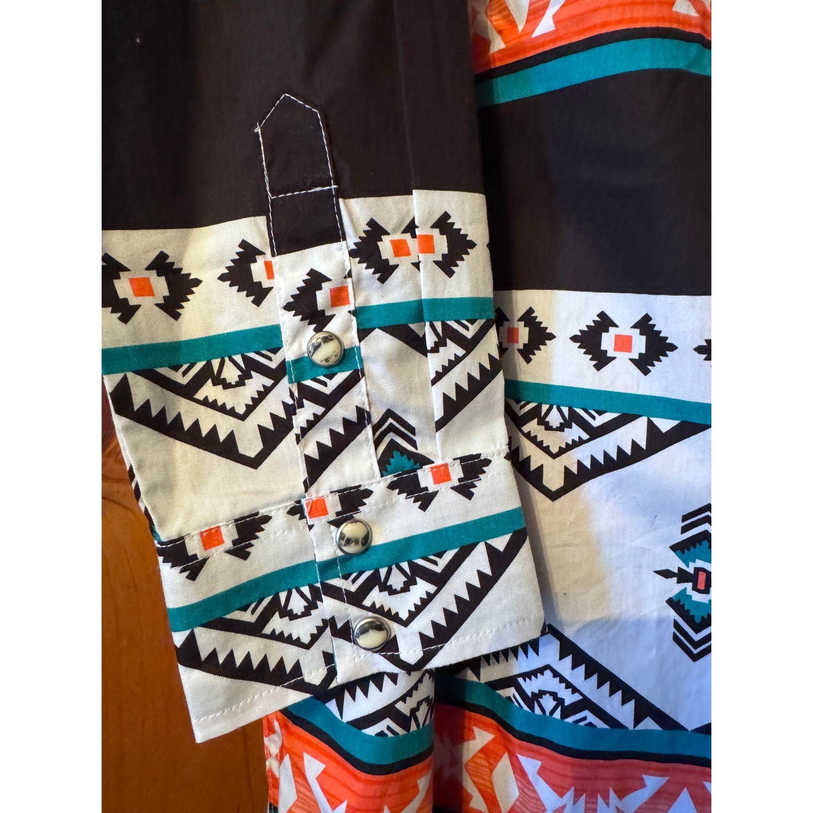 Wrangler Retro Southwestern Snap Front Western Shirt Dress Orange Teal L