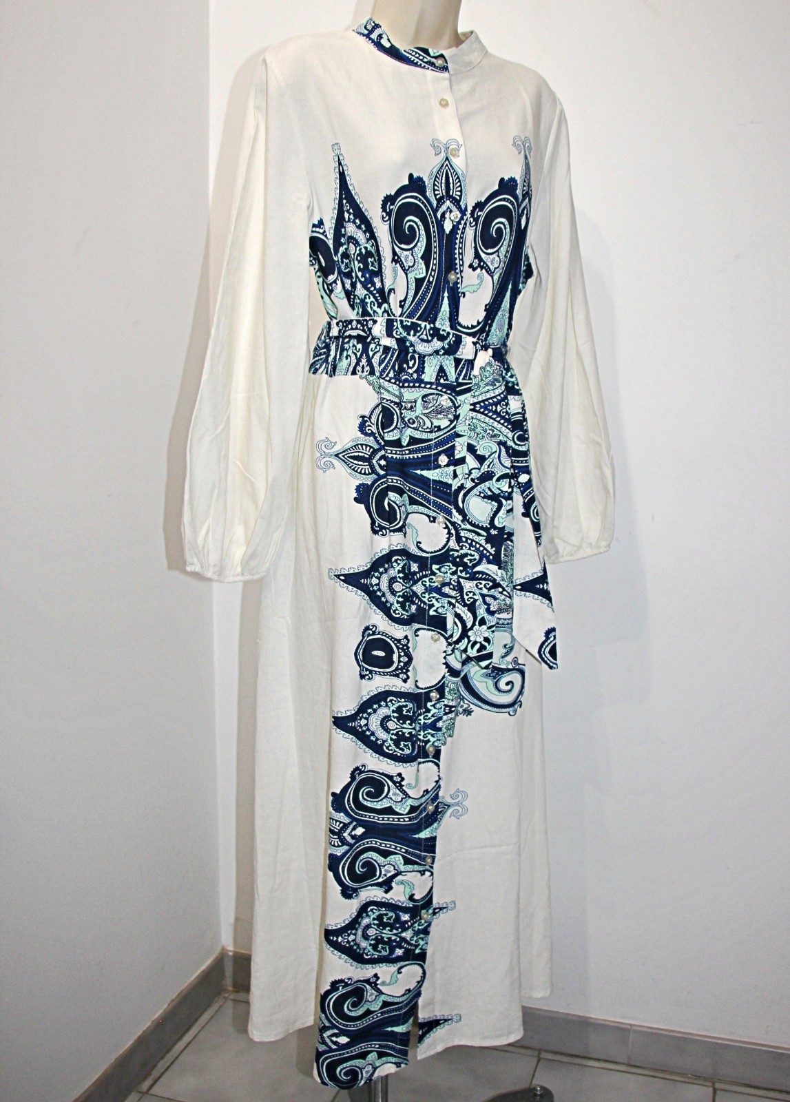 Le Ragazze Linen Blend Button Front Pockets Belted Maxi Shirt Dress sz L