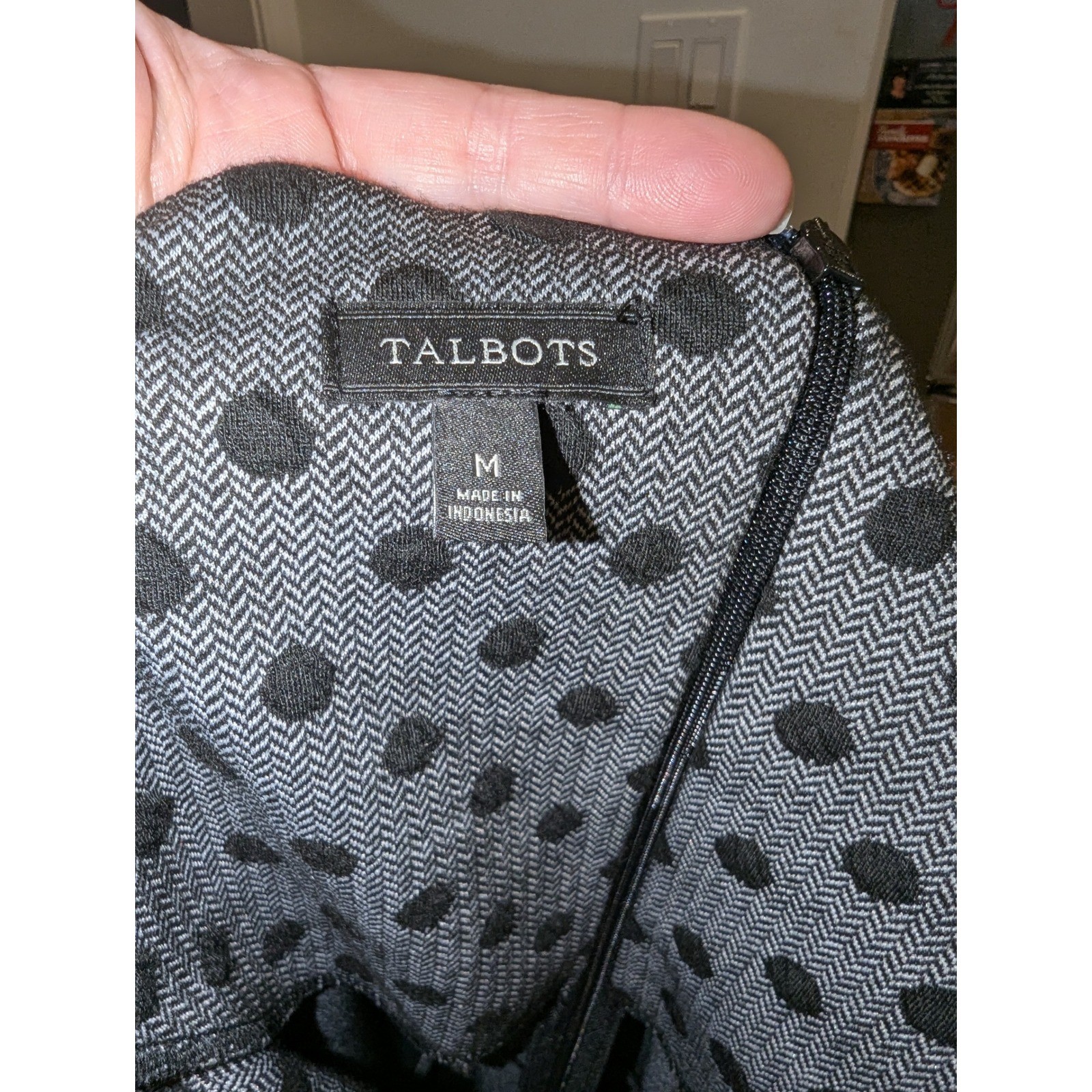 Talbots Black Polka Dot faux Wrap Dress 3/4 Sleeve Boat Neck Women’s Size M