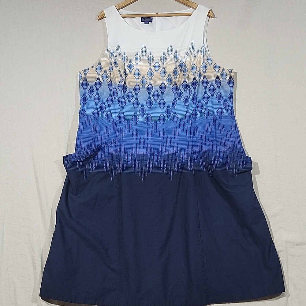 Pendleton Blue, White & Beige Sleeveless Sheath Dress w/ Geometric Pattern 22W