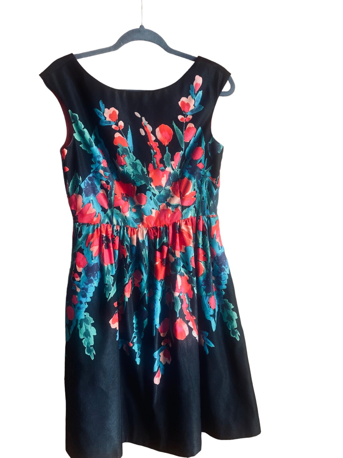 Eliza J Women’s Floral Fit & Flare Dress black w/red, pink, green, blue floral 6