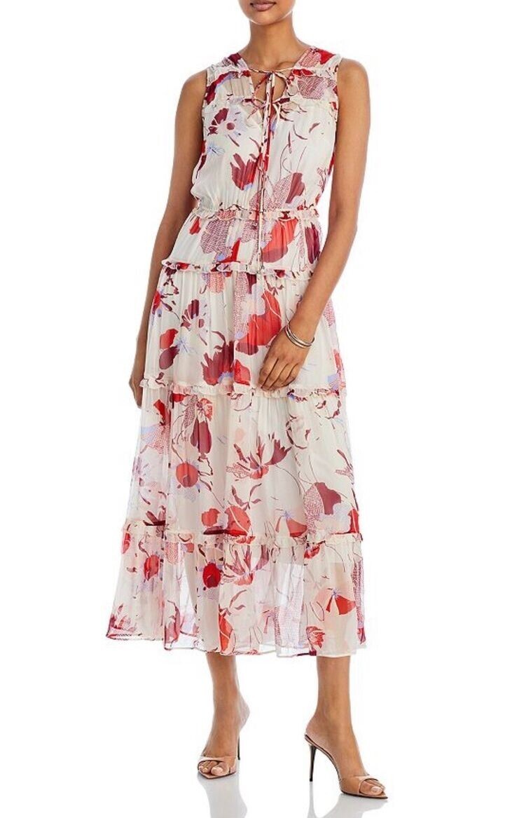 HUGO BOSS Dabeata Women’s Sleeveless Tiered Maxi Dress White Floral Size 10