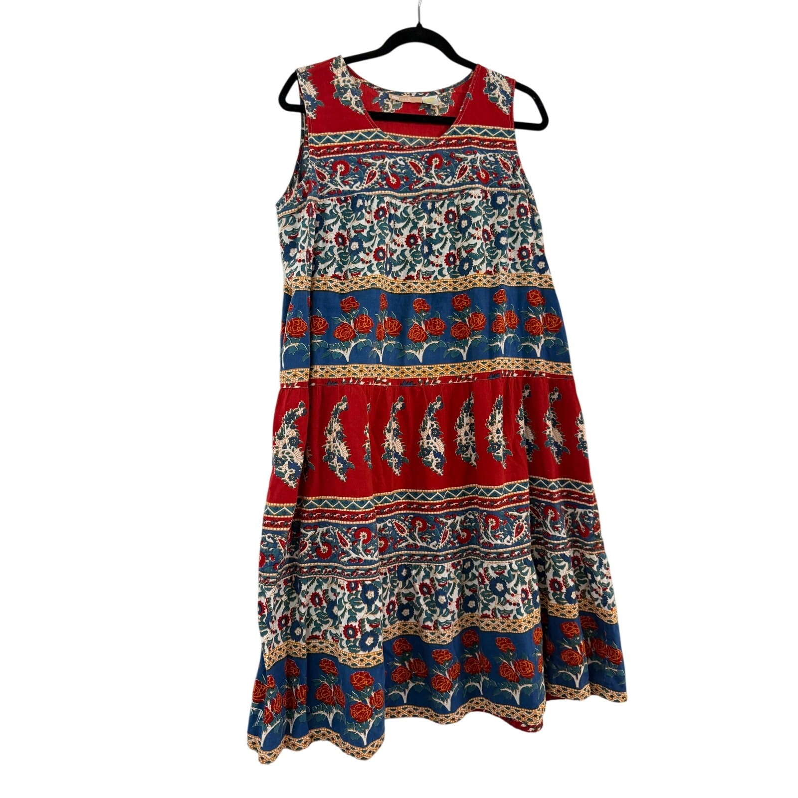 La Cera 100% Cotton Sleeveless Boho Floral Tiered Midi Dress Red Blue Size Large