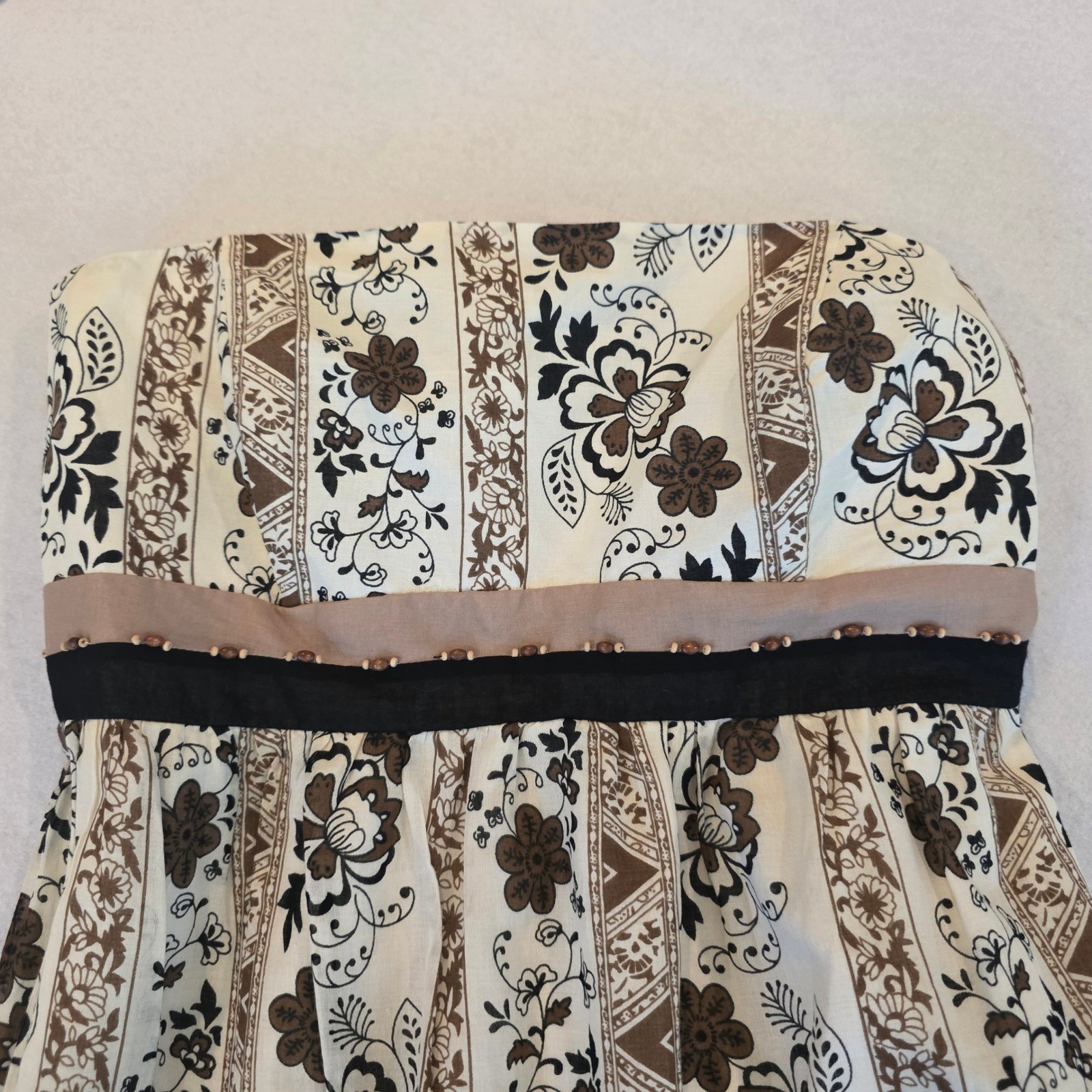 Jonathan Martin Womens Cotton Floral Maxi Dress Beaded Strapless Black Tan 12
