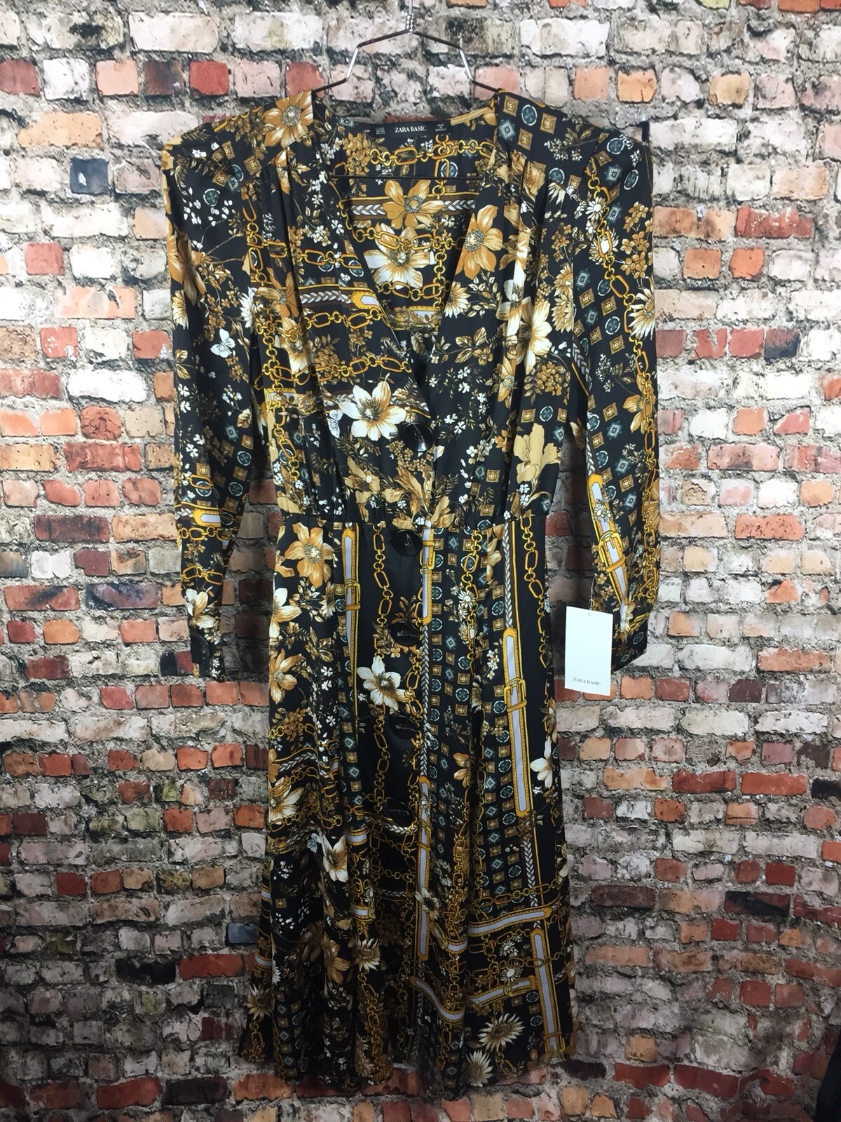 Zara Floral Scarf Print Button Up Chain Midi Dress Flowing XS New Boho Festival