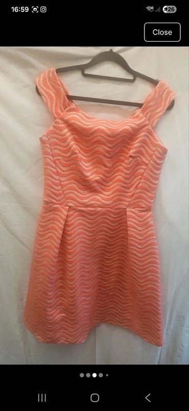 Warehouse UK Size 10 Coral and White Jacquard Occasion Dress with Skater Skirt