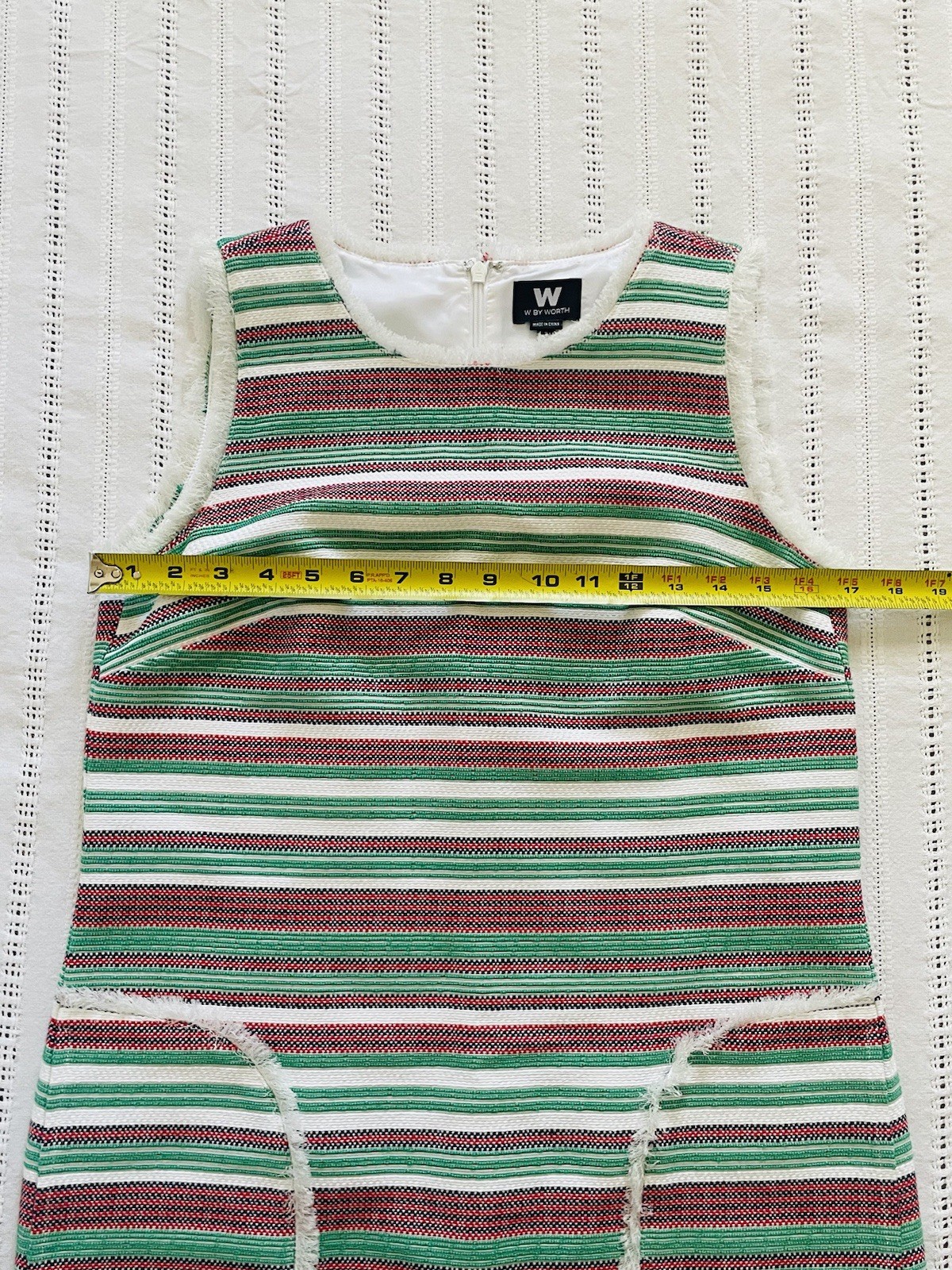 W By Worth Red, Green, White, Navy Fringe Sheath Dress. Size 2. Holiday. Luxury