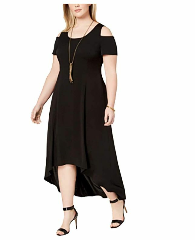 NY Collection Womens Petite Plus 3XP Black High Low Cold Shoulder Maxi Dress NWT