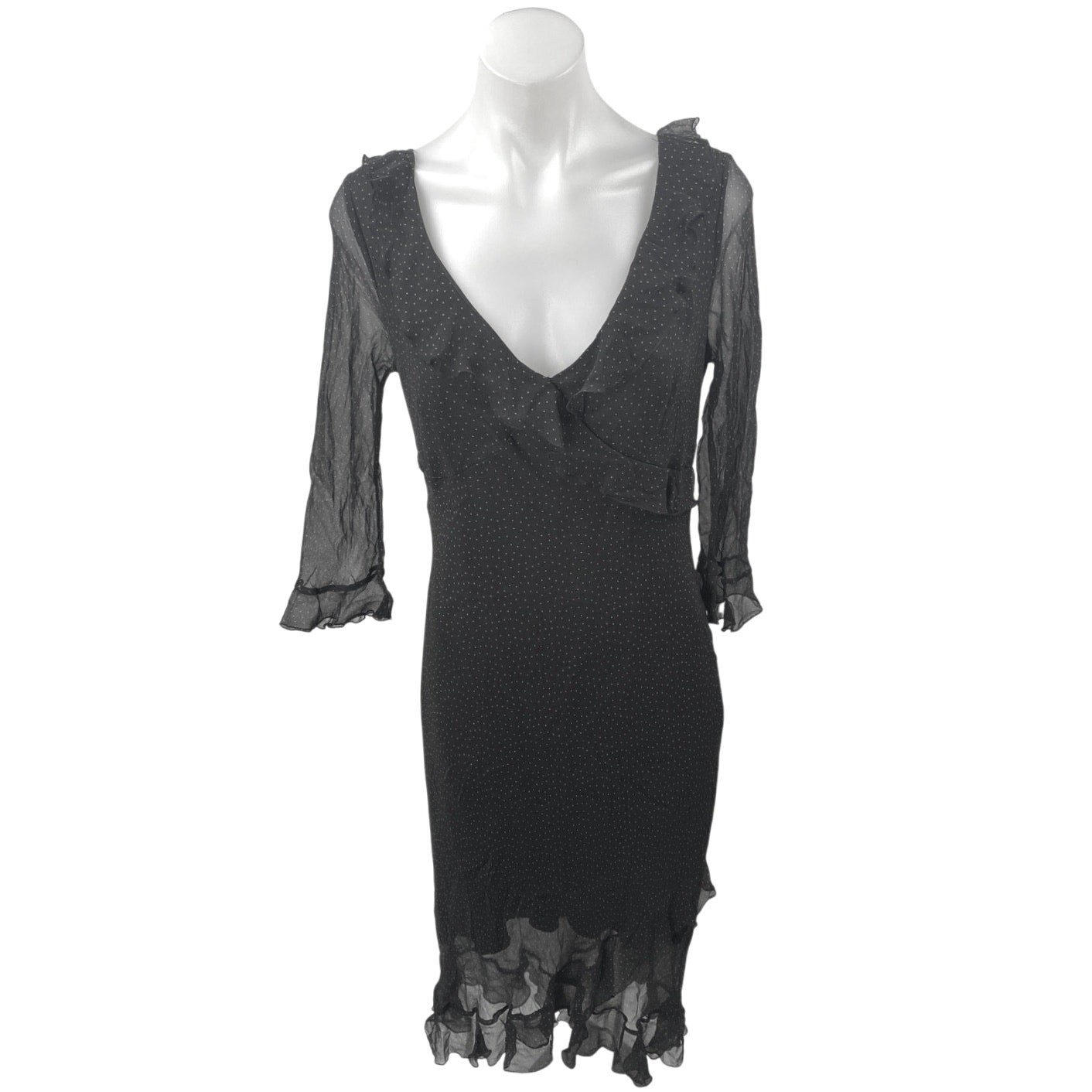 Jonathan Martin 100% Silk Black Polka Dot Ruffle V-neck Midi Bodycon Dress Sz 10