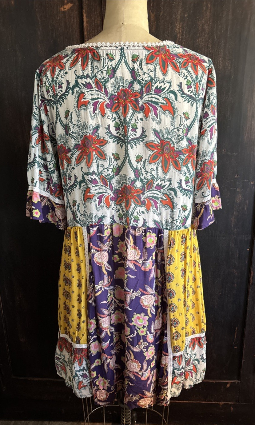 Anthropologie PATCHWORK TRAPEZE MINI DRESS Lilka Babydoll cottage core yellow XL