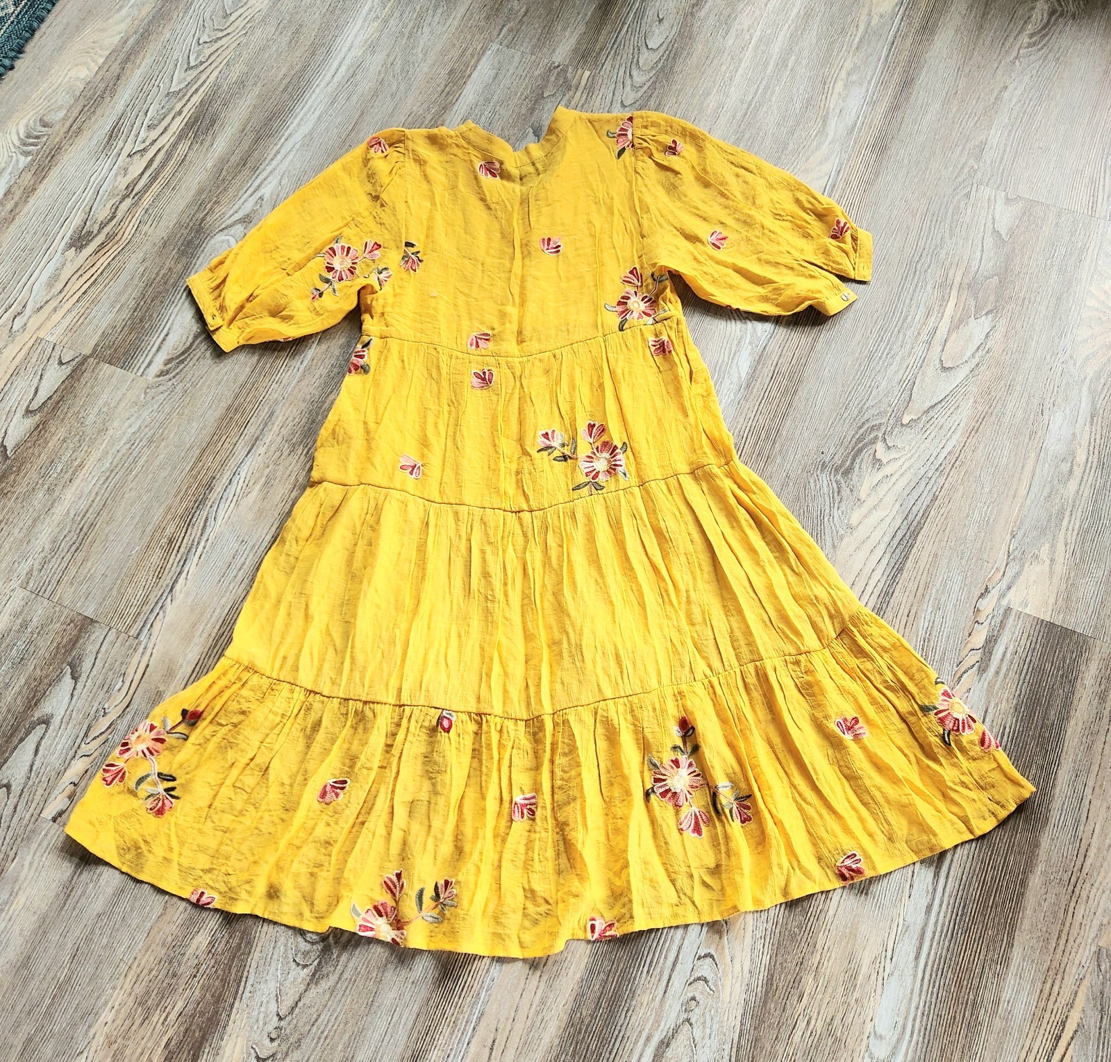 Figueroa Flower Embroidered Tiered Ruffle Dress Yellow Midi Boho Womens S