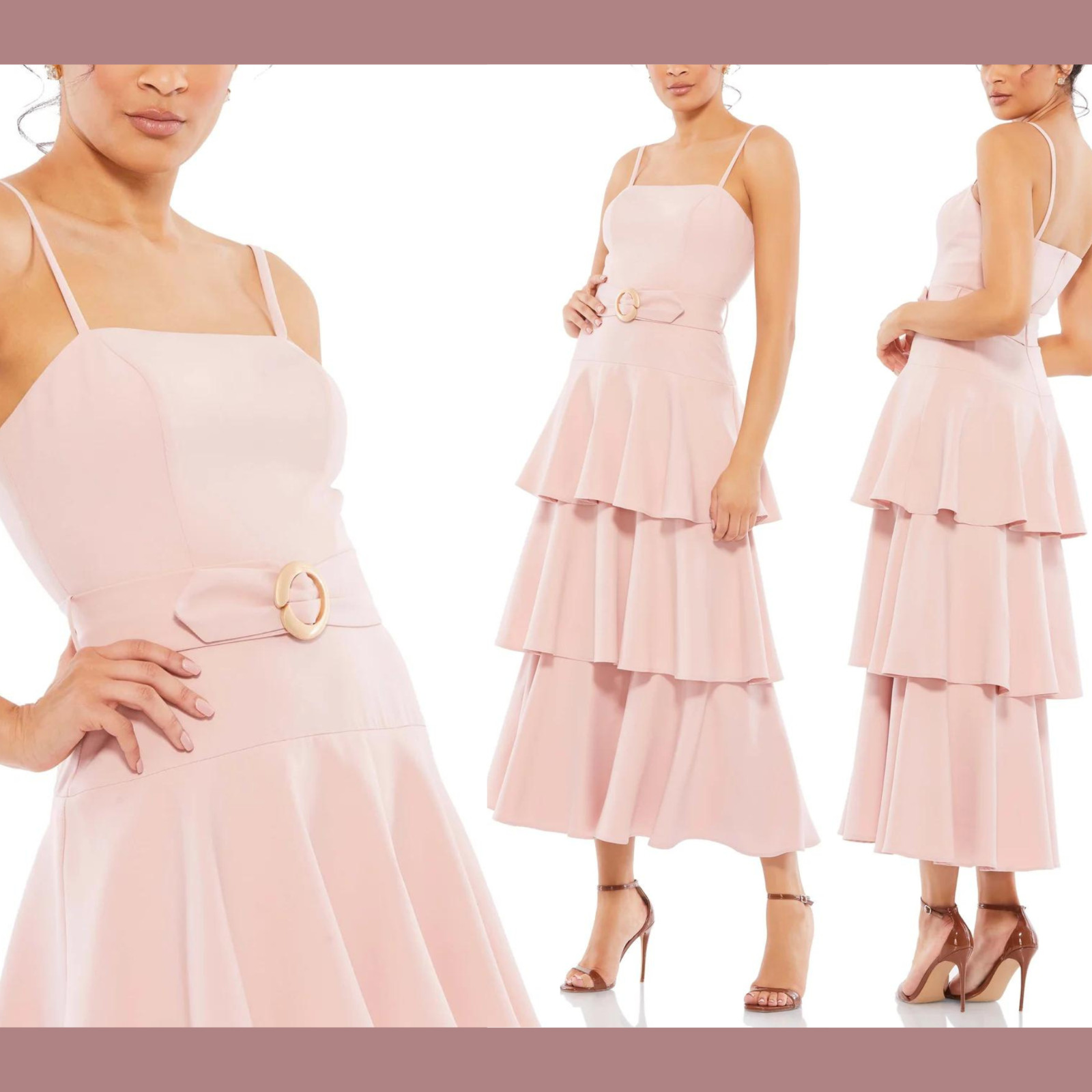 NWD IEENA Mac Duggal [ 8 ] Belted Tiered Ruffle Sleeveless Midi Dress Rose #Q692