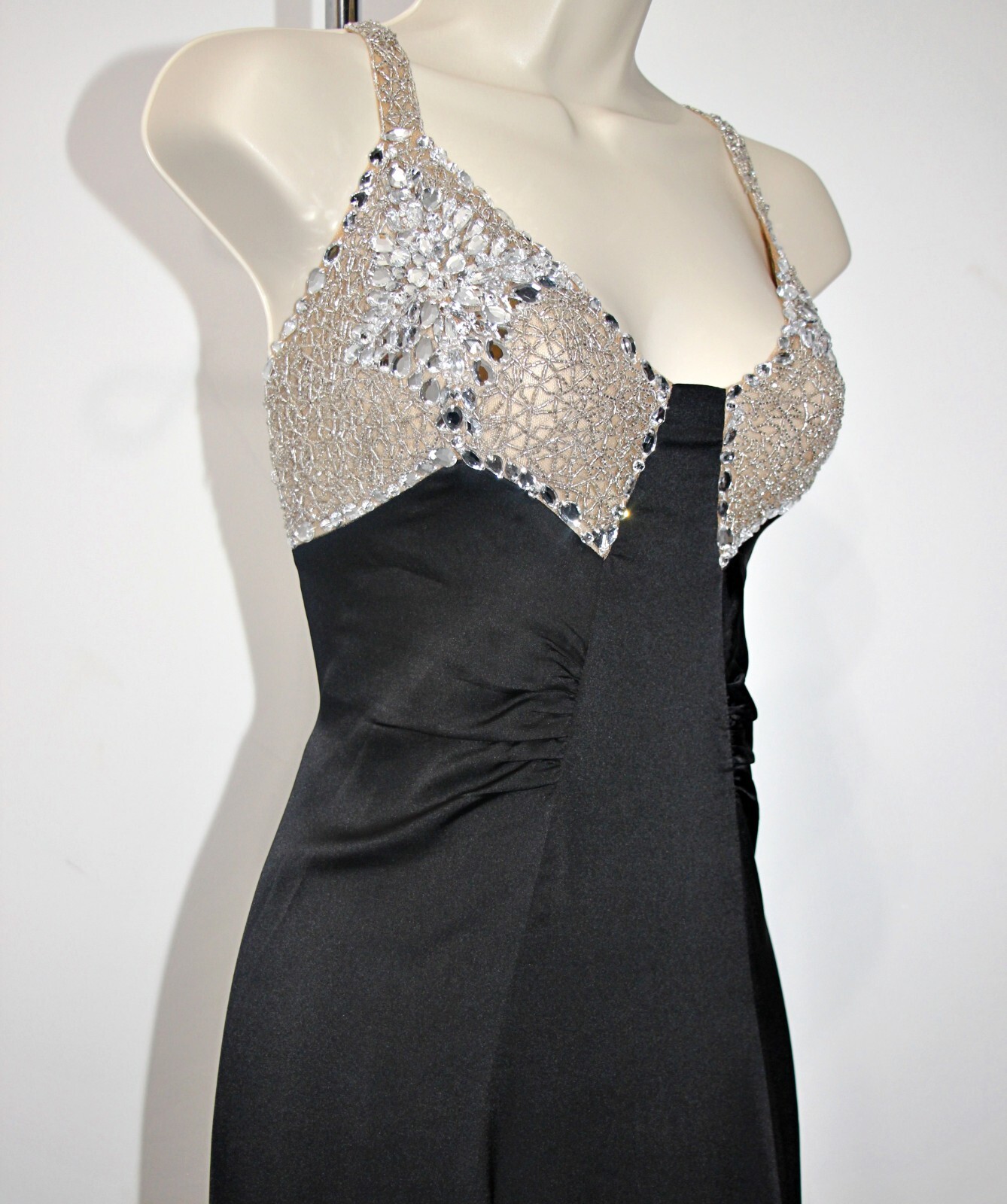 PatBO crystal-beaded side-high-slit open-back black satin gown sz 10 $995