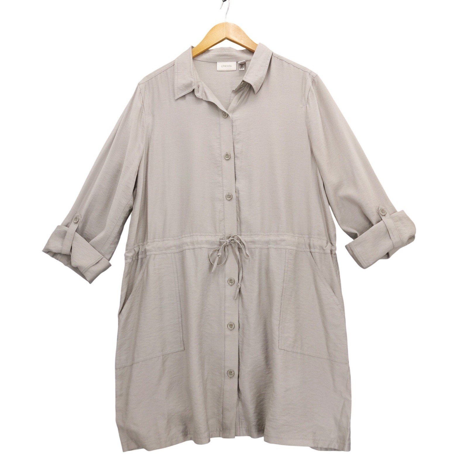 CHICOS Shirt Dress Tunic Drawstring Waist Roll Tab Sleeves Size 3 XL