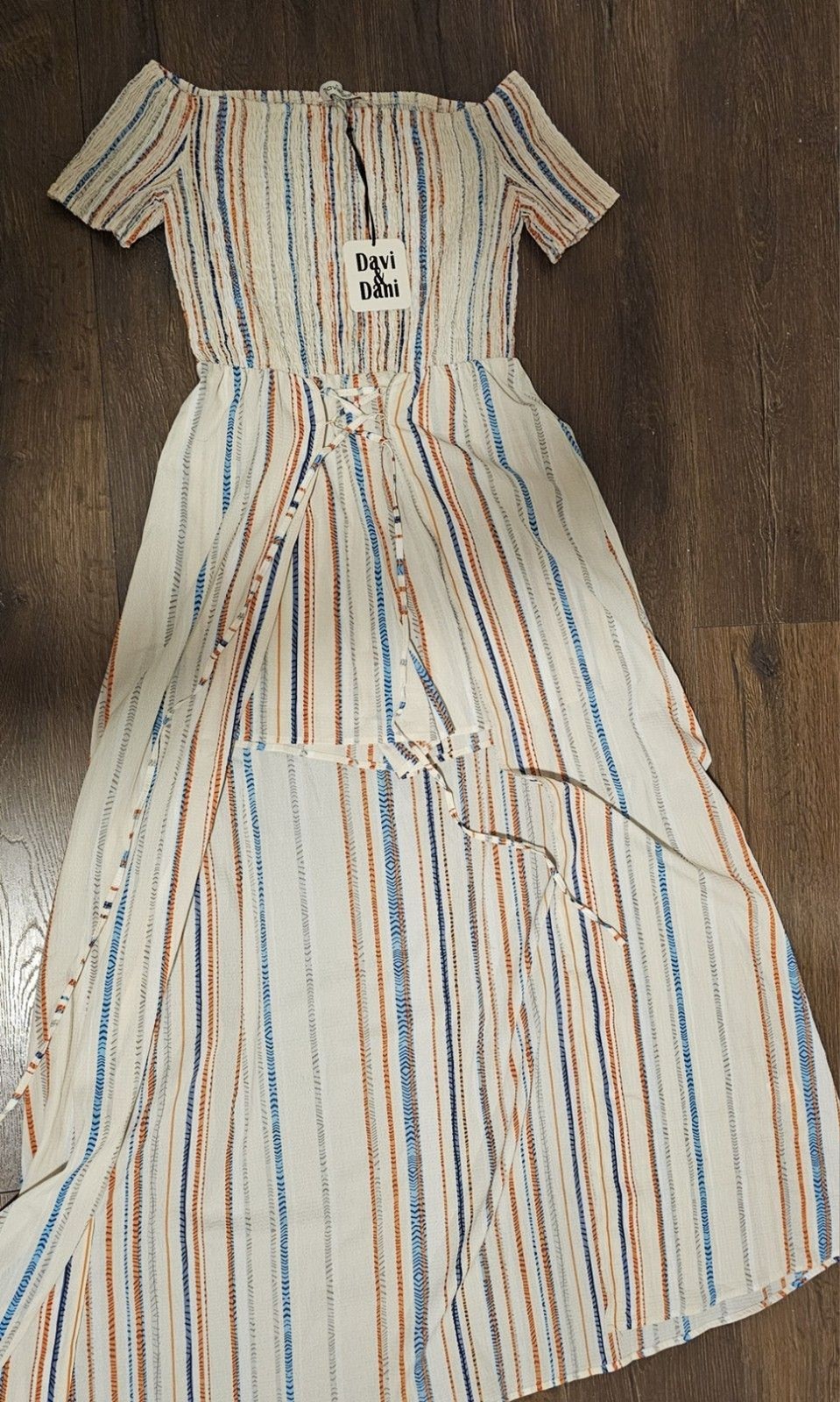 Davi & Dani Off Shoulder Striped Maxi Dress M Tie Ruffle White Orange Blue