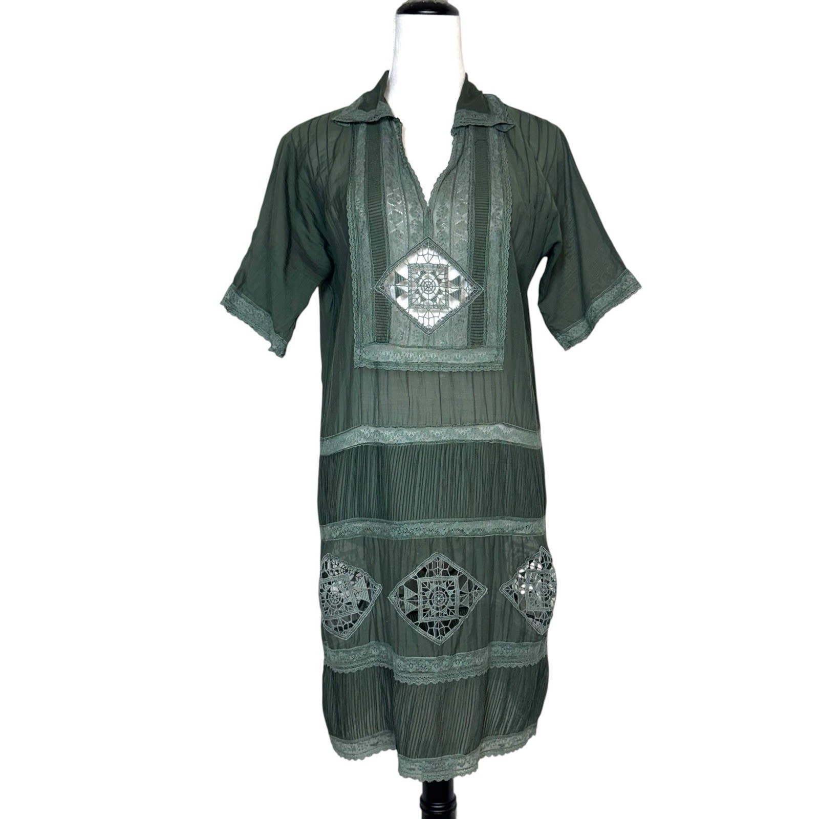 Burning Torch Silk Blend Lace Crochet Embroidered Tunic Boho Dress Size P Green