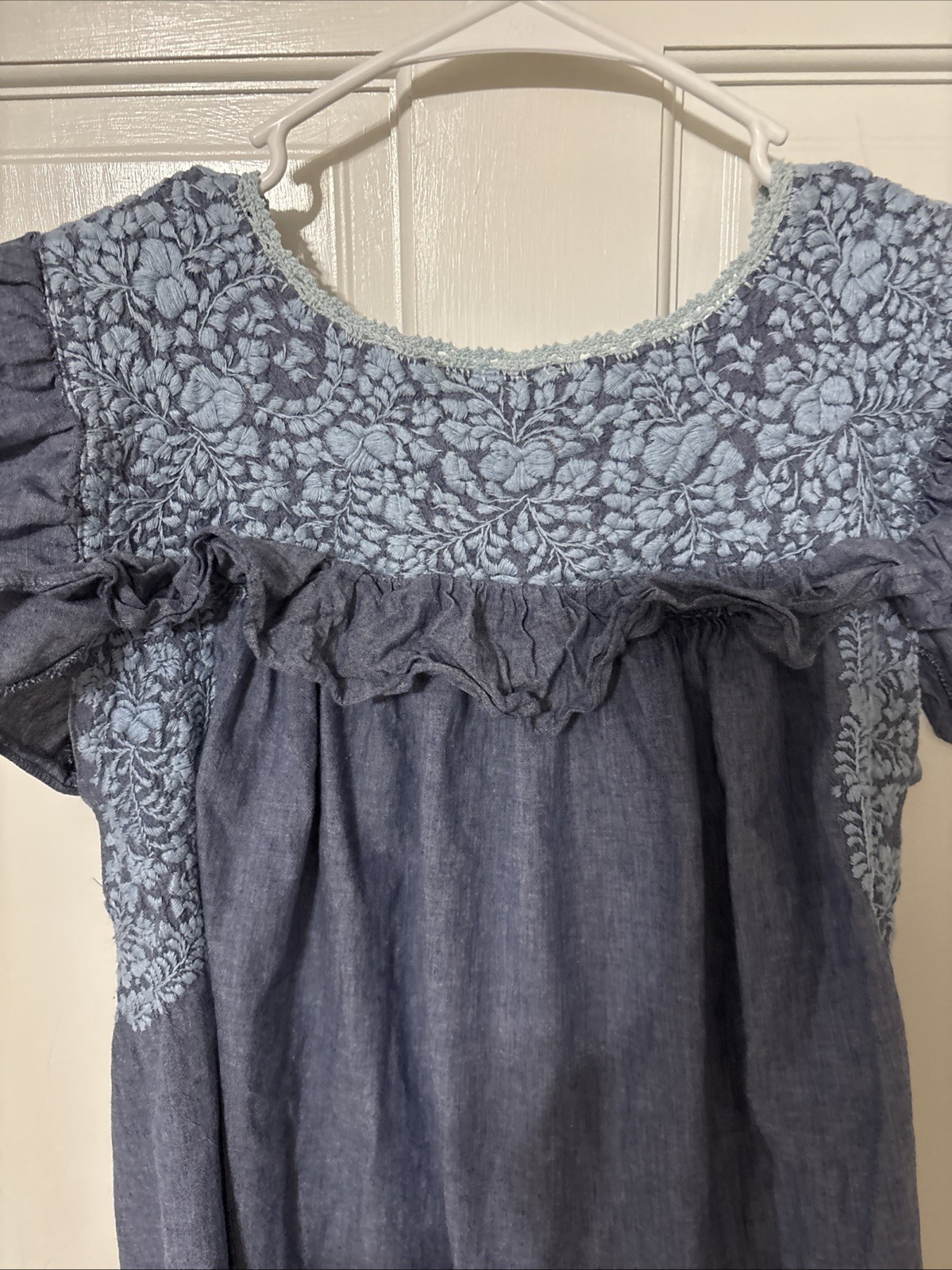 Mi Golondrina Blue Embroidered Chambray Mini Dress Medium SEE Pics