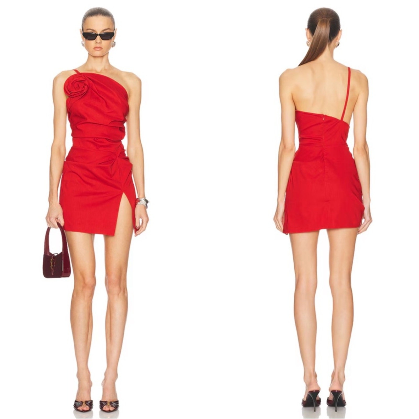 MAGDA BUTRYM One Shoulder Ruched Rosette Red Mini Dress Size 2