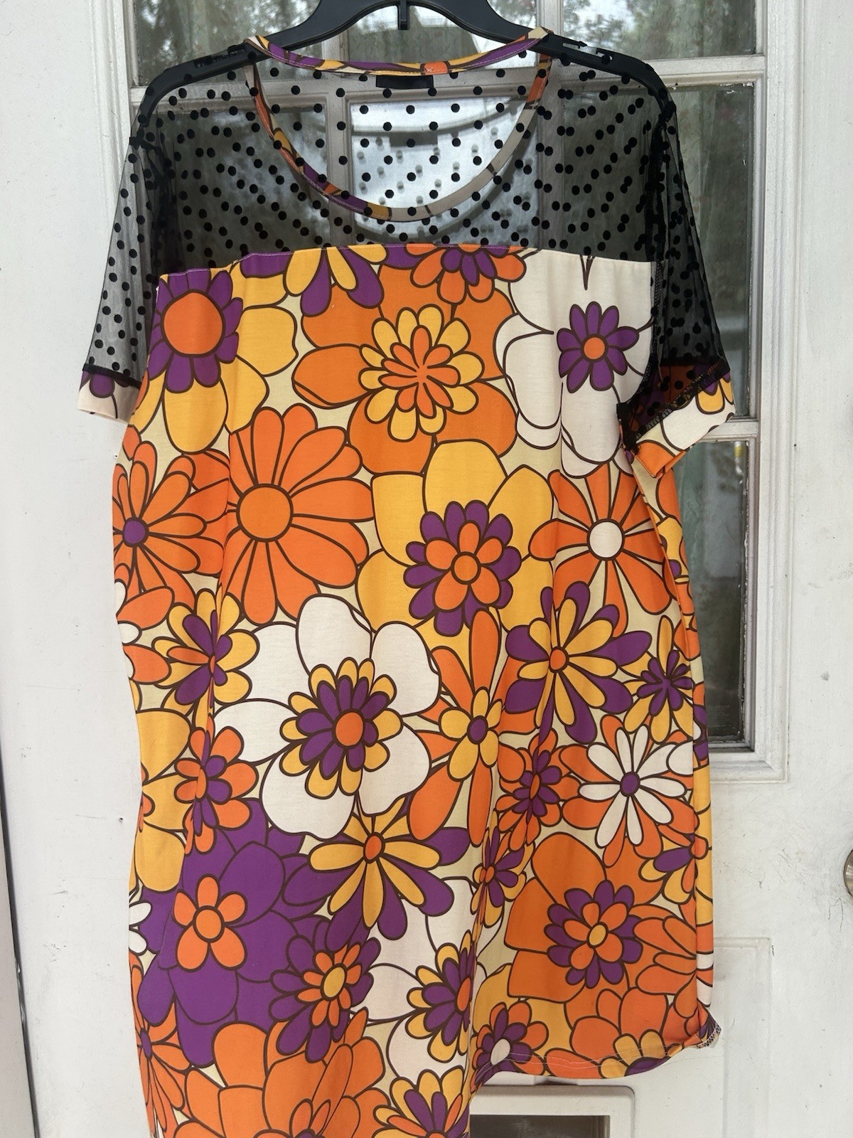 IZURIA Orange/Purple Floral Shift Dress Sheer Mesh Yoke Short Sleeve 2XL