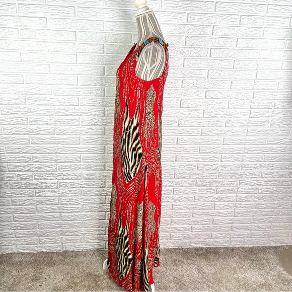 Canna Animal Leopard Print Pleated Maxi Dress Size XS Red Brown Cream Blue