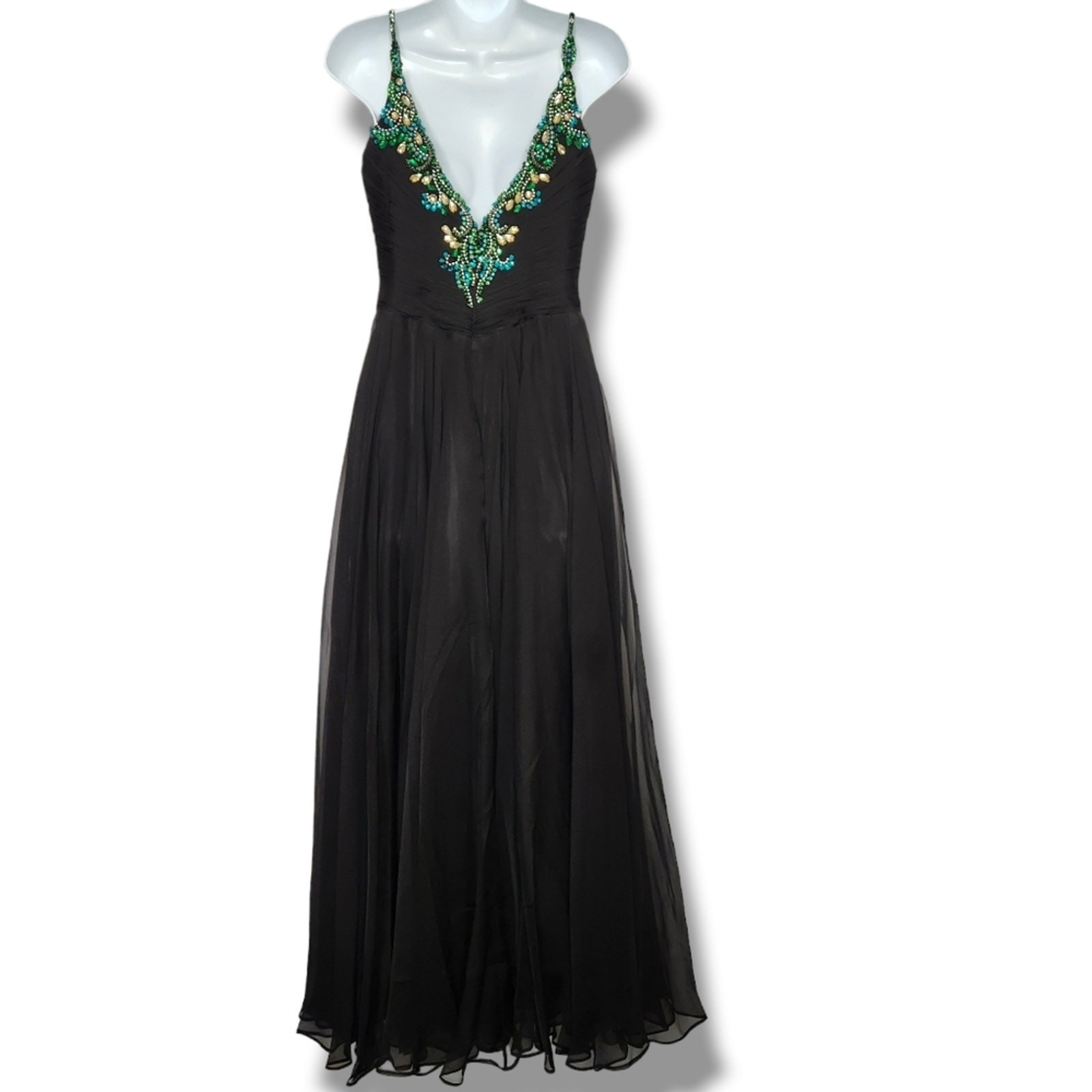 Mac Duggal Cassandra Stone Black Beaded Long Formal Gown Maxi Dress Prom Size 4