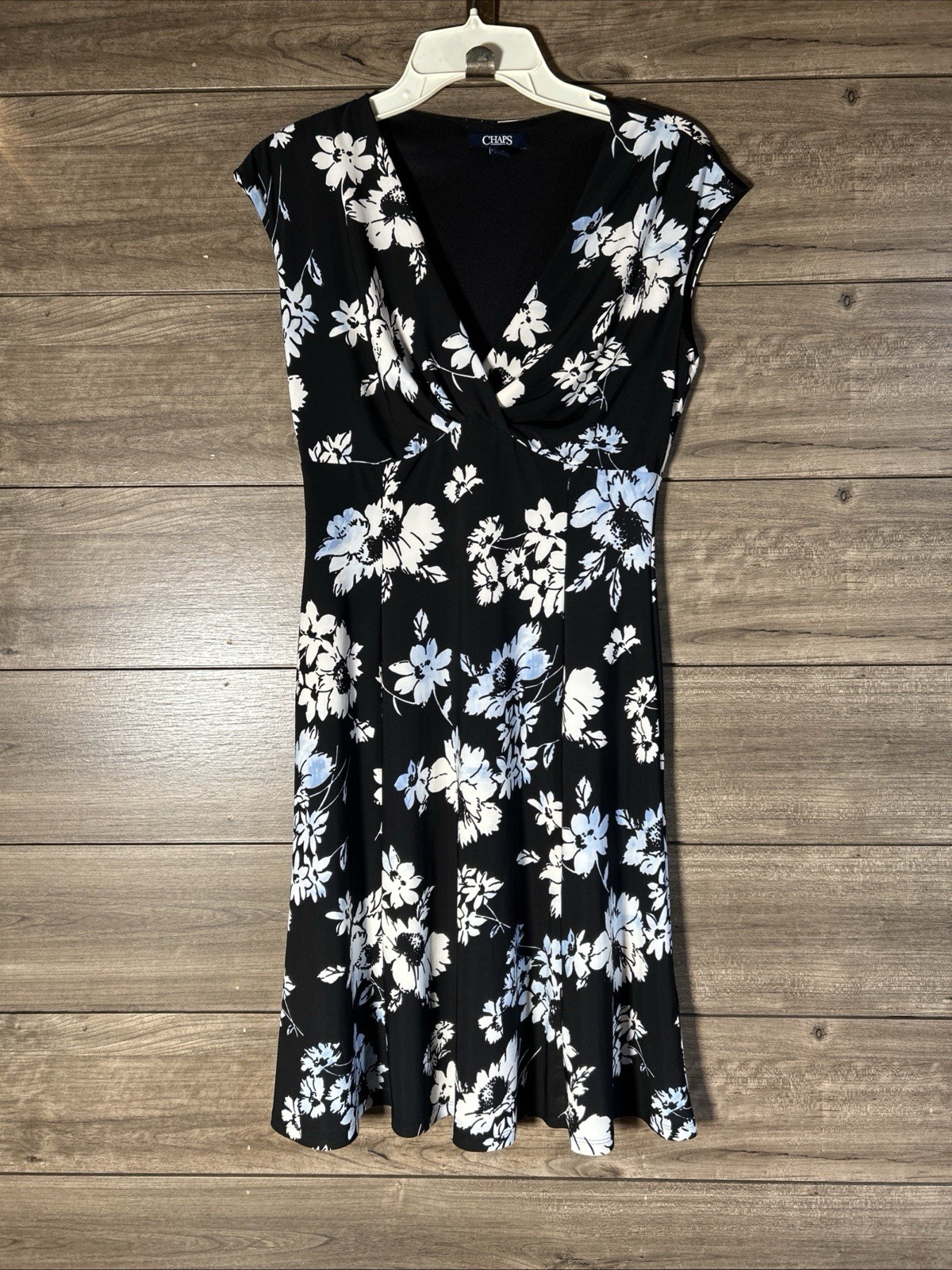 Chaps Floral Wrap Style Neckline Empire Midi Dress Size S Black With White&Blue
