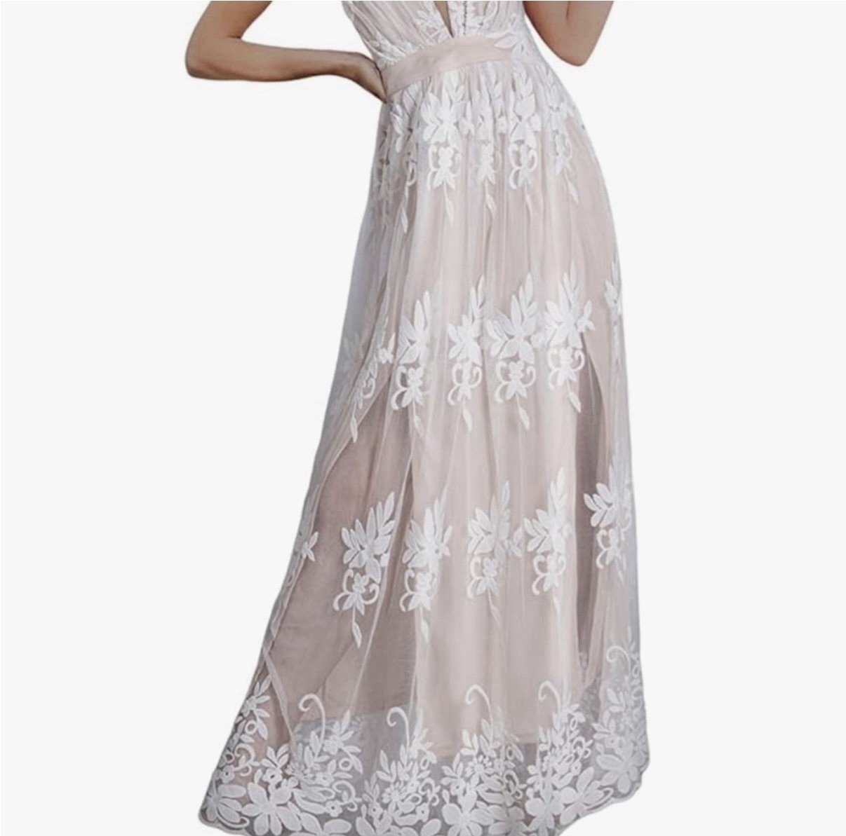Beetsweeti Floral Embroidered Mesh Sleeveless Long A-Line Dress Beige White