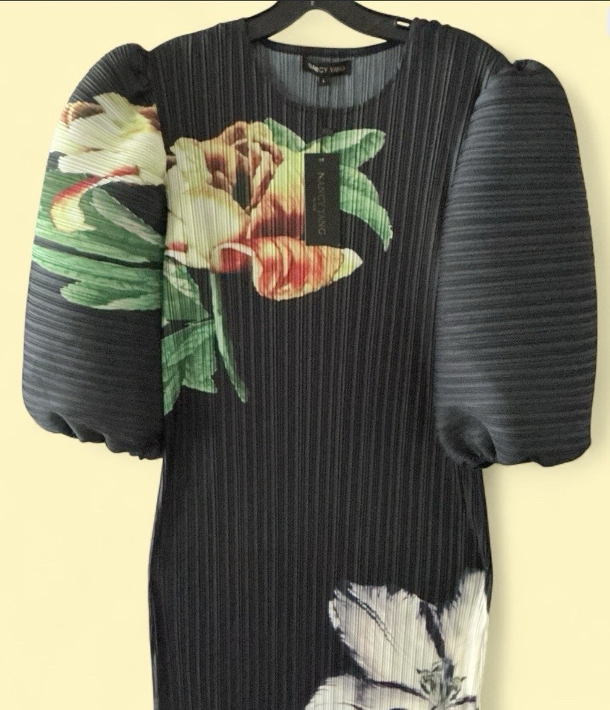 Nancy Yang Black Multi Color Pleated Puff Sleeve Round Neck Floral Dress Large